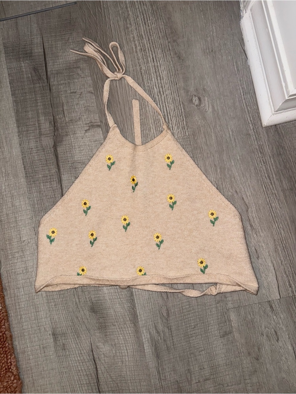 Altar'd State Beige Halter Crop Top with Yellow Sunflower Embroidery